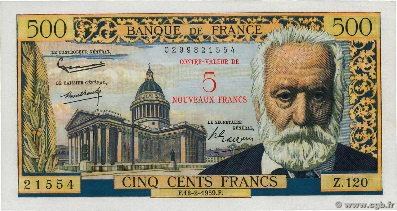 5 NF sur 500 Francs Victor HUGO FRANCE  1959 F.52.02 UNC-