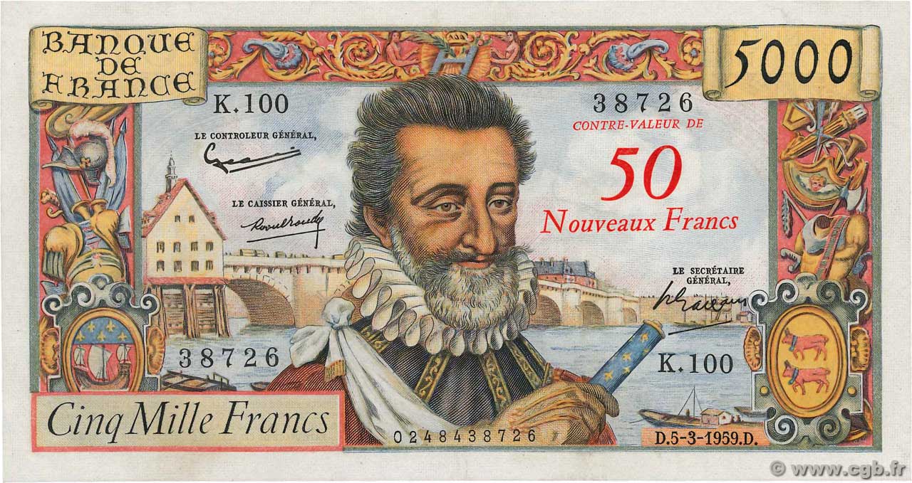 50 NF sur 5000 Francs HENRI IV FRANKREICH  1959 F.54.02 VZ+