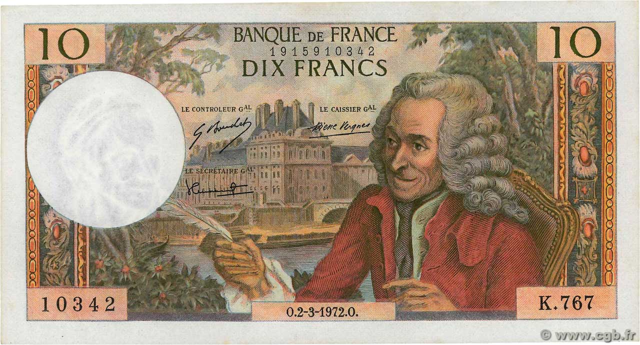 10 Francs VOLTAIRE Fauté FRANCIA  1972 F.62.55 SC+