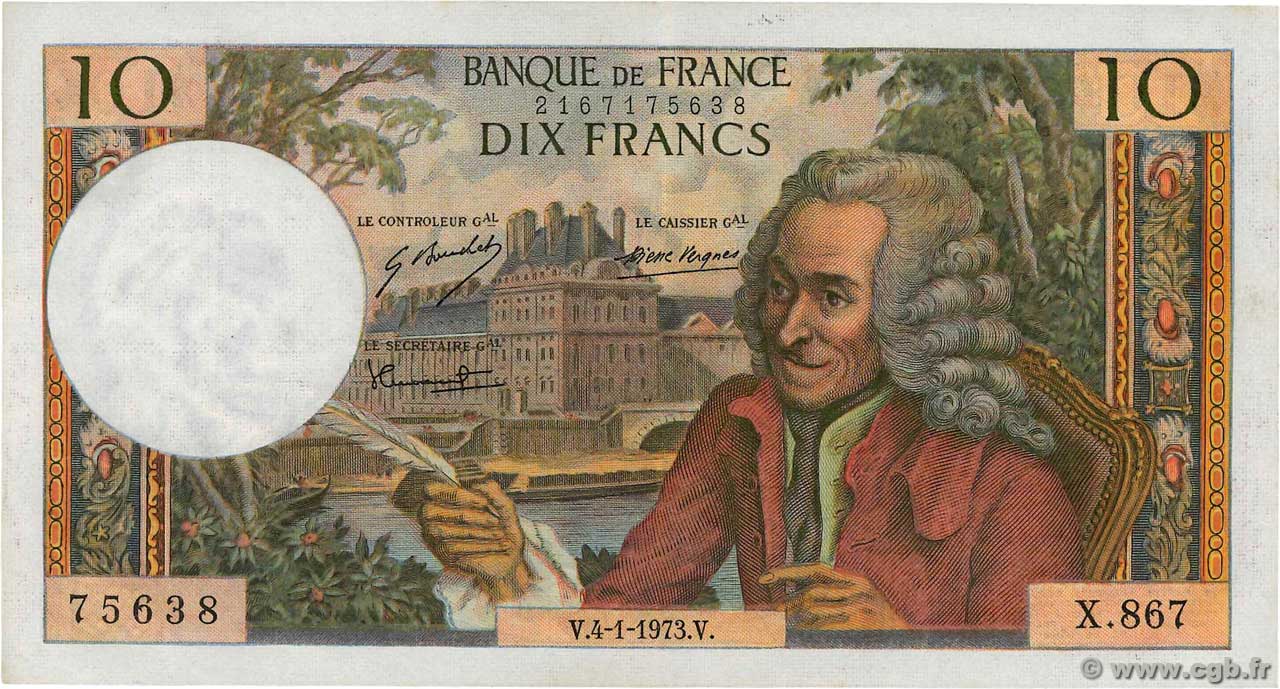 10 Francs VOLTAIRE Fauté FRANCIA  1973 F.62.60 SC