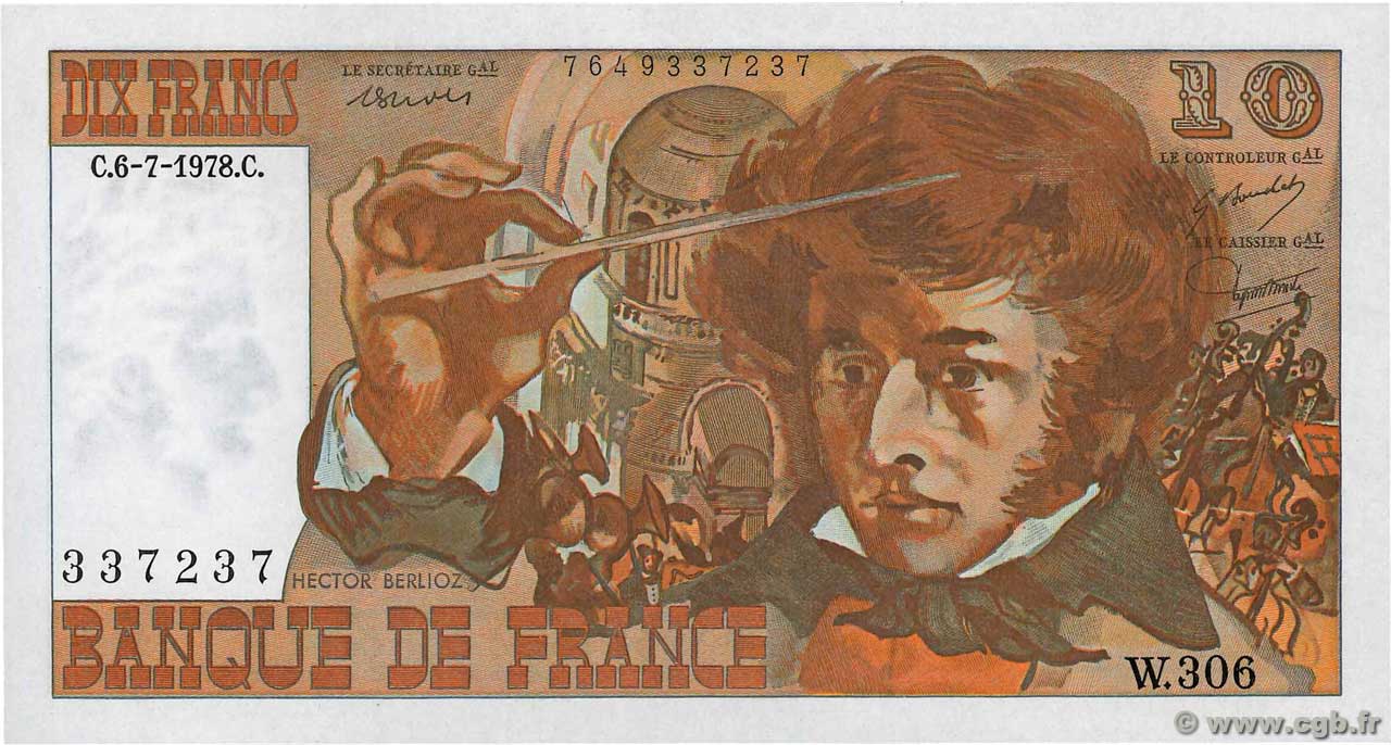 10 Francs BERLIOZ FRANCE  1978 F.63.25W306 UNC-