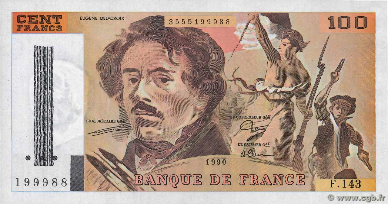 100 Francs DELACROIX imprimé en continu FRANCIA  1990 F.69bis.01bF- q.FDC