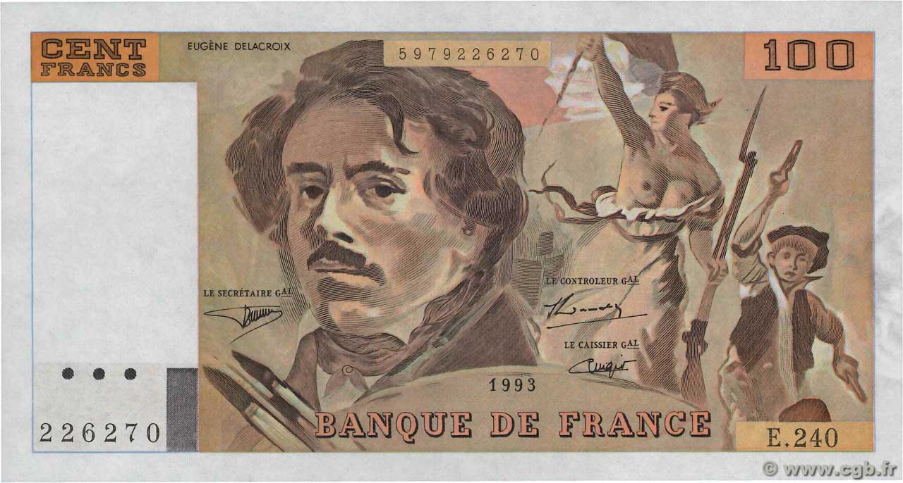 100 Francs DELACROIX imprimé en continu Fauté FRANCE  1993 F.69bis.08 pr.SPL