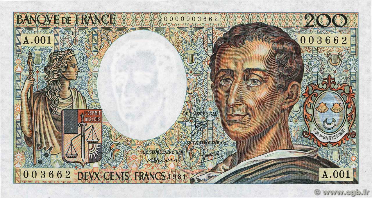 200 Francs MONTESQUIEU Petit numéro FRANKREICH  1981 F.70.01A1 ST