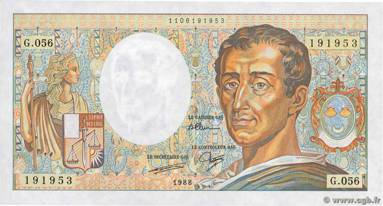 200 Francs MONTESQUIEU Fauté FRANCIA  1988 F.70.08 SC+