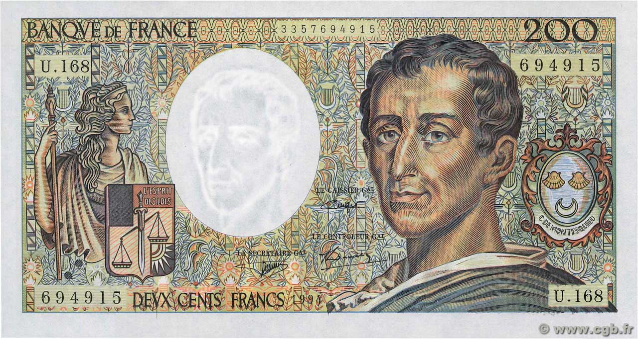200 Francs MONTESQUIEU Modifié FRANCE  1994 F.70/2.02a UNC