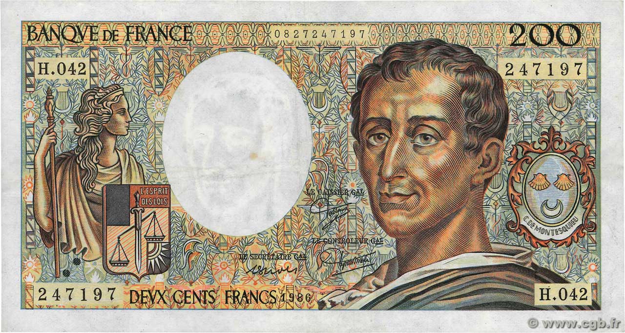 200 Francs MONTESQUIEU alphabet H.402 FRANCE  1986 F.70ter.01a TTB+