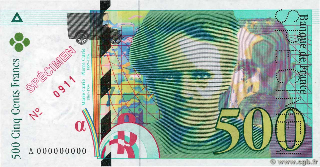 500 Francs PIERRE ET MARIE CURIE Spécimen FRANCIA  1994 F.76.01Spn FDC