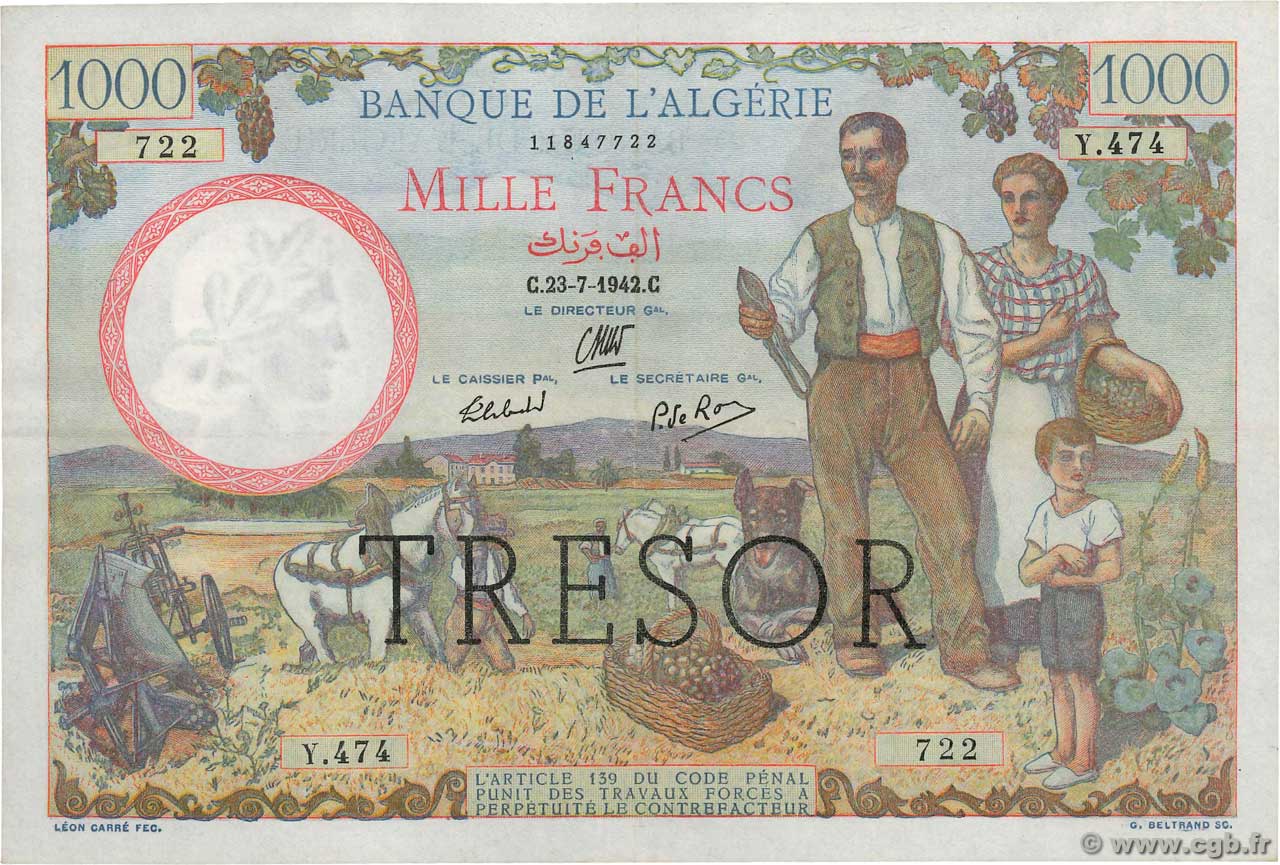 1000 Francs ALGÉRIE FRANCIA  1943 VF.10.01 EBC+