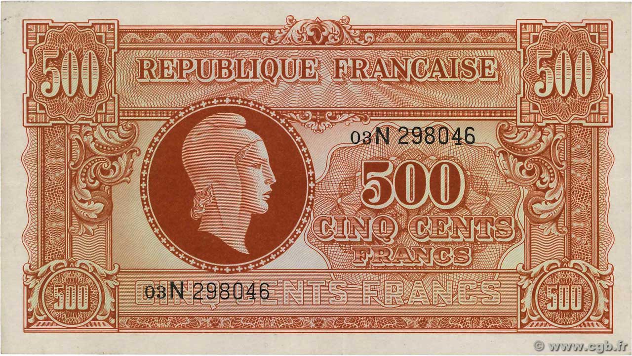 500 Francs MARIANNE fabrication anglaise FRANCIA  1945 VF.11.03 SPL+