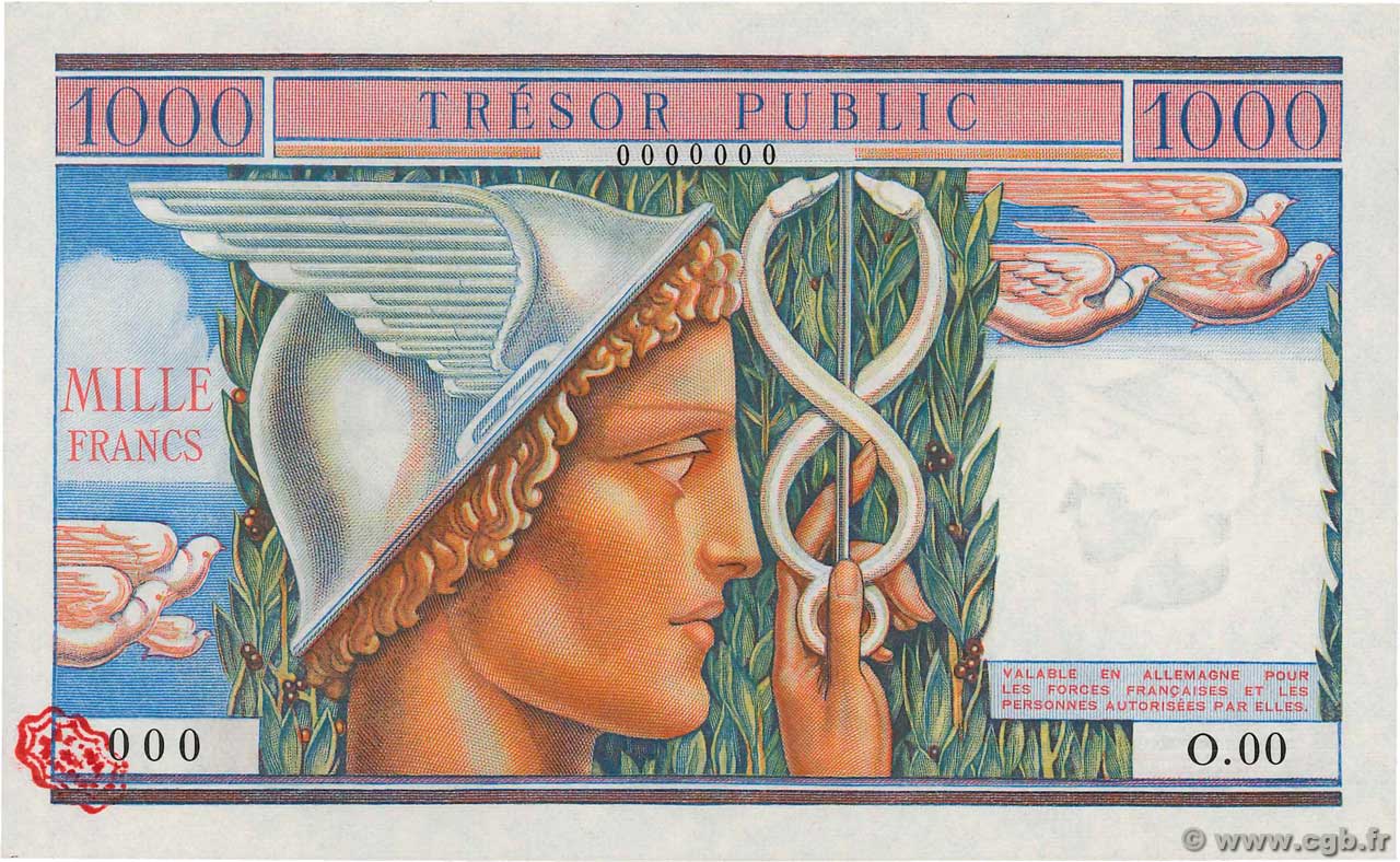 1000 Francs TRÉSOR PUBLIC Spécimen FRANCIA  1955 VF.35.00S SC+