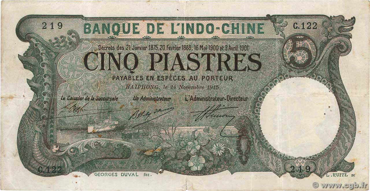 5 Piastres INDOCINA FRANCESE Haïphong 1915 P.016b q.BB