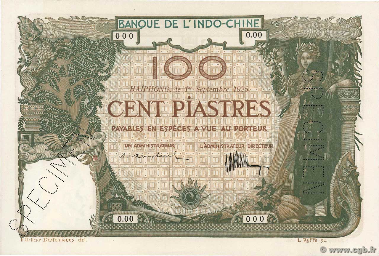 100 Piastres Spécimen FRANZÖSISCHE-INDOCHINA Haïphong 1925 P.020s fST+