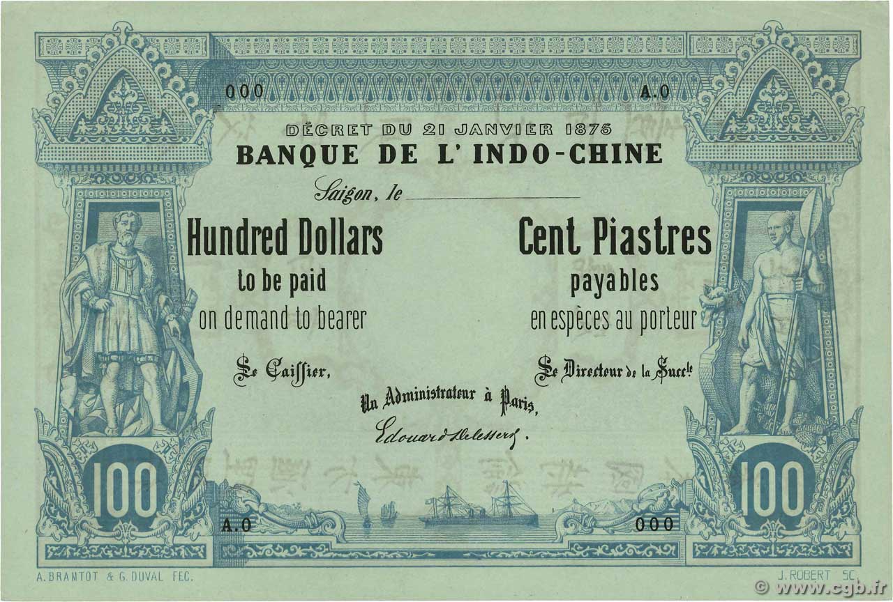 100 Dollars - 100 Piastres Spécimen FRENCH INDOCHINA Saïgon 1876 P.023s UNC-