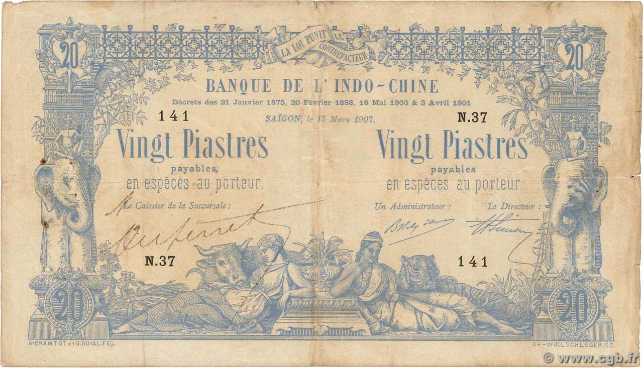 20 Piastres - 20 Piastres FRENCH INDOCHINA Saïgon 1907 P.036 F+