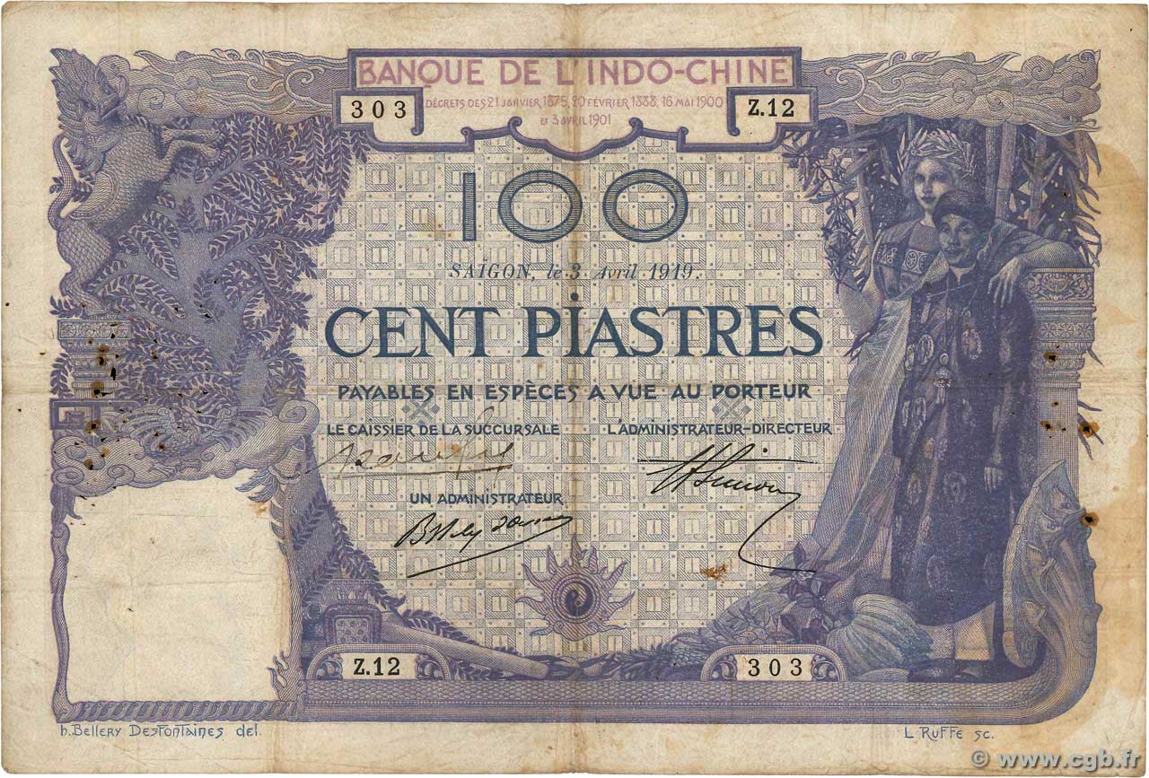 100 Piastres INDOCHINA Saïgon 1919 P.039 RC+