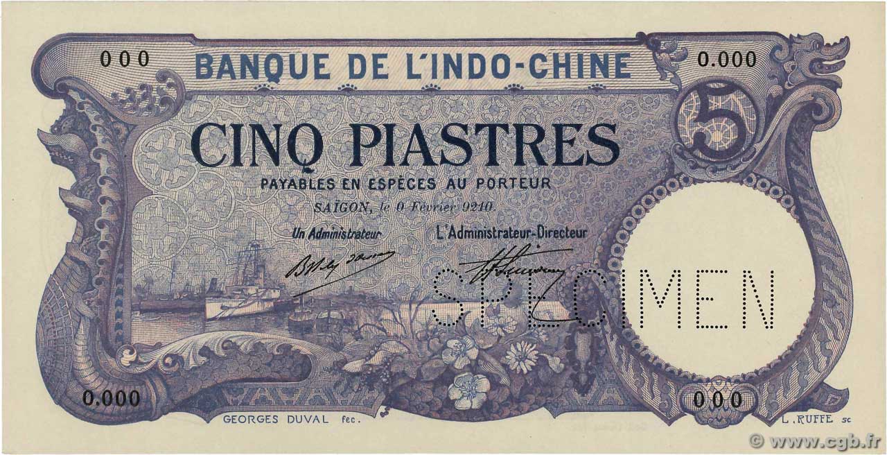5 Piastres Spécimen FRENCH INDOCHINA Saïgon 1920 P.040s UNC-