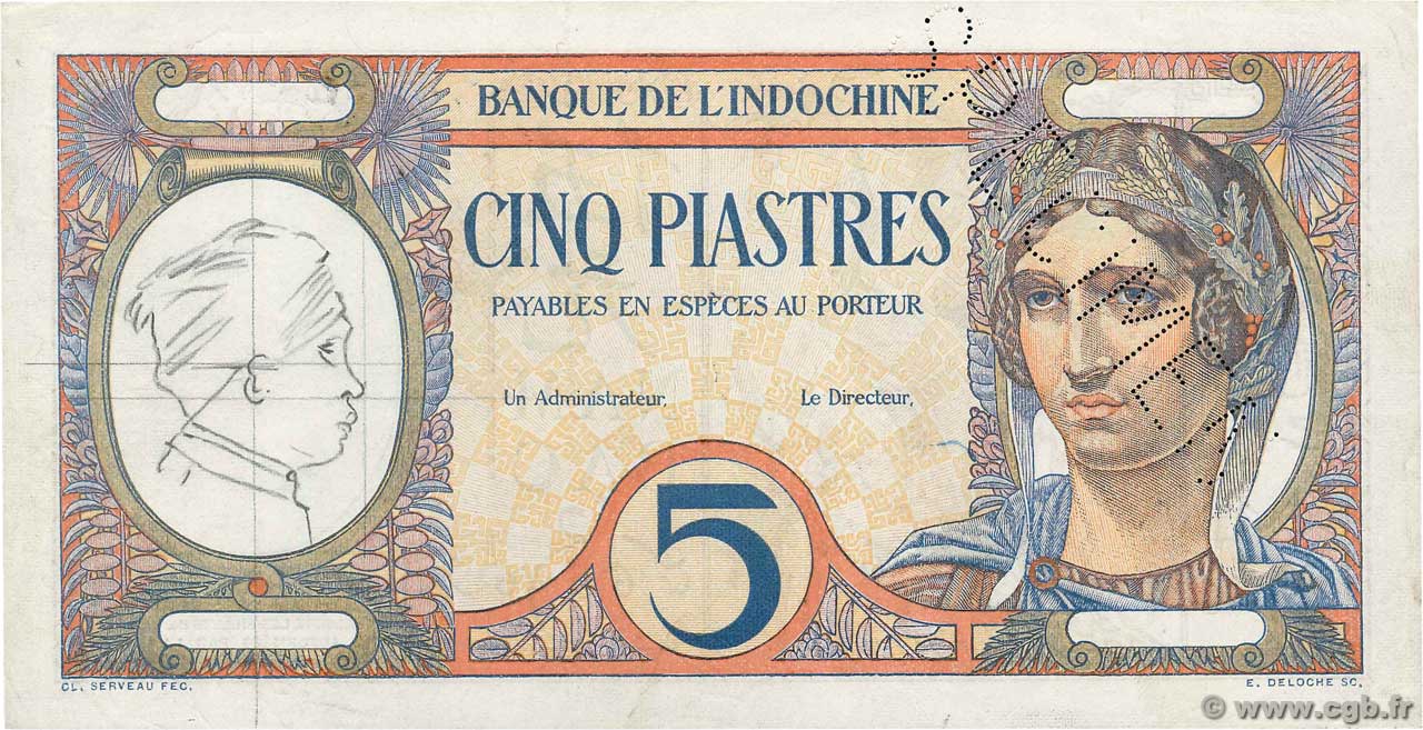 5 Piastres Épreuve INDOCINA FRANCESE  1926 P.049e SPL