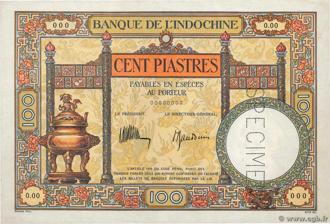 100 Piastres Spécimen FRENCH INDOCHINA  1935 P.051cs AU