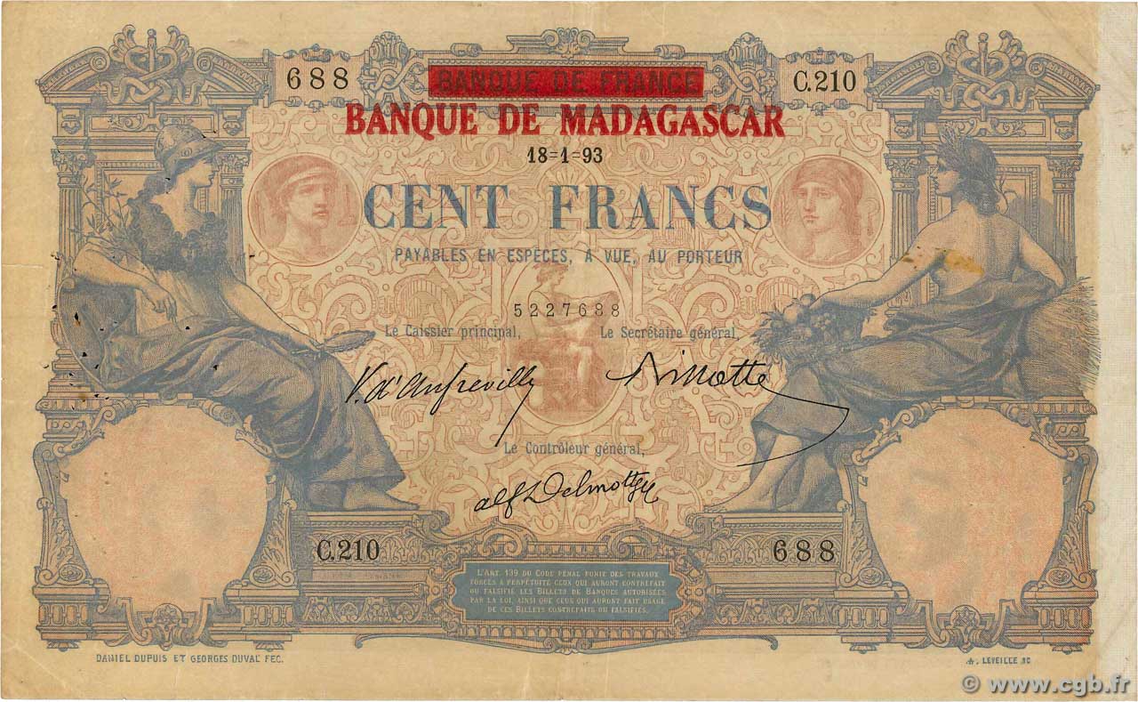 100 Francs MADAGASCAR  1893 P.034 BC+