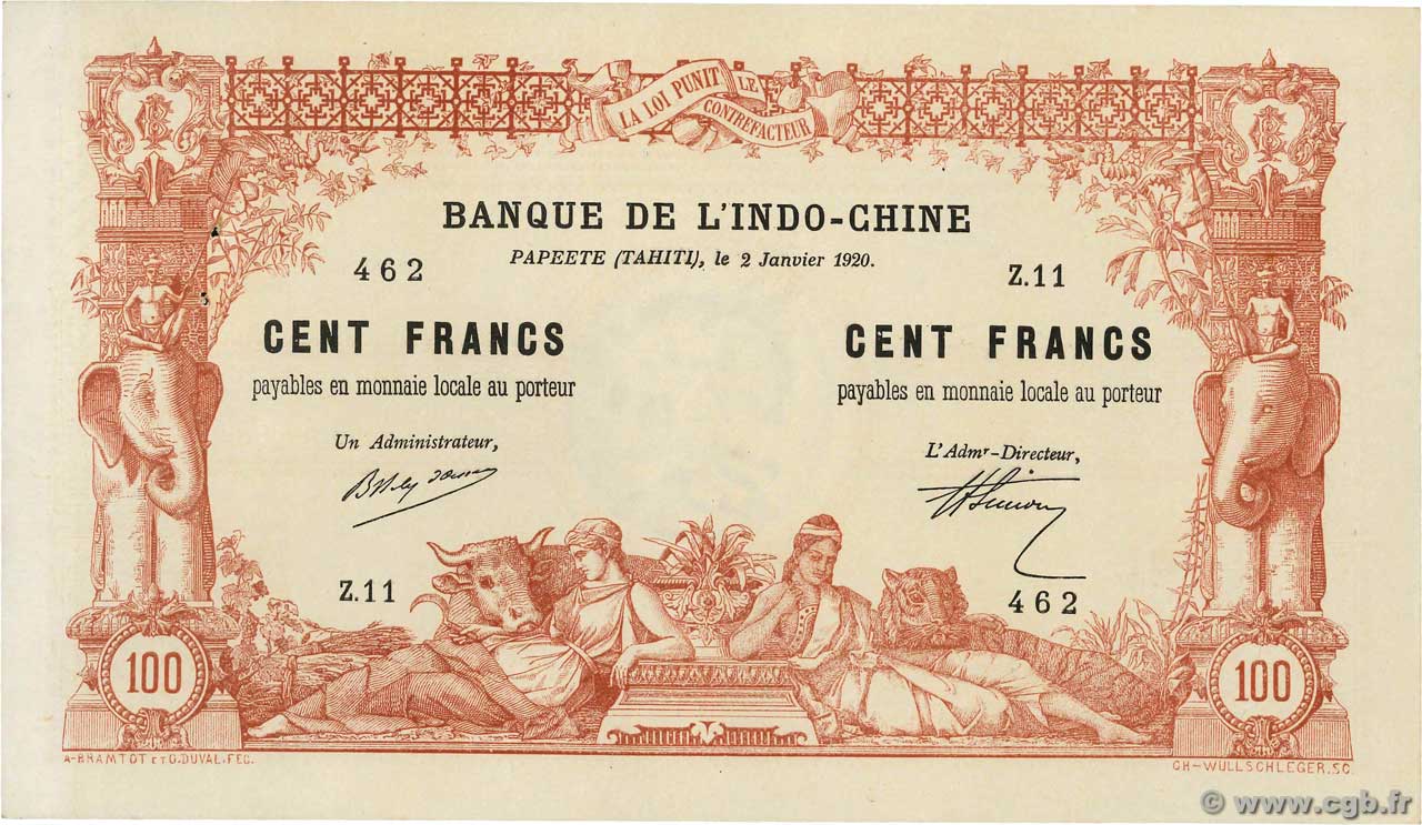 100 Francs TAHITI  1920 P.06b SPL+