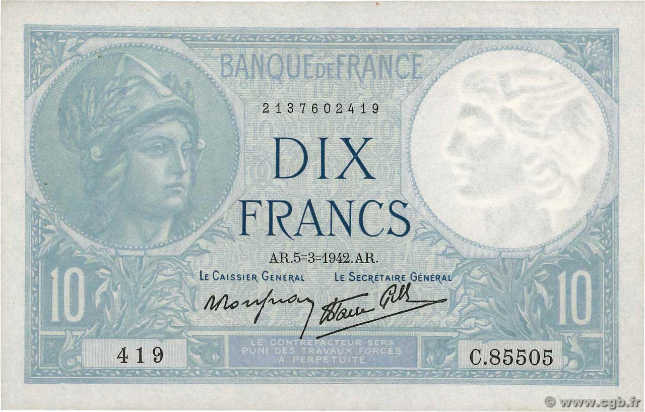 10 Francs MINERVE modifié FRANCE  1942 F.07.31 VF+
