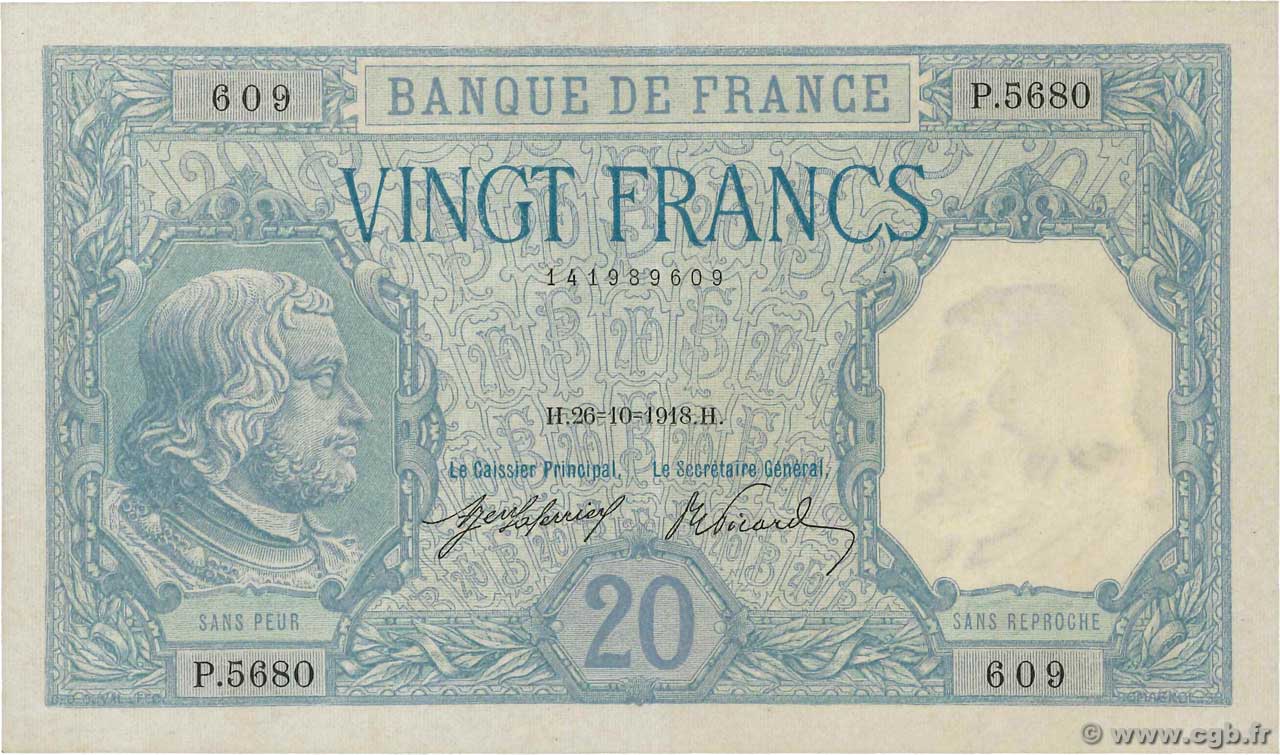 20 Francs BAYARD FRANCE  1918 F.11.03 pr.SPL