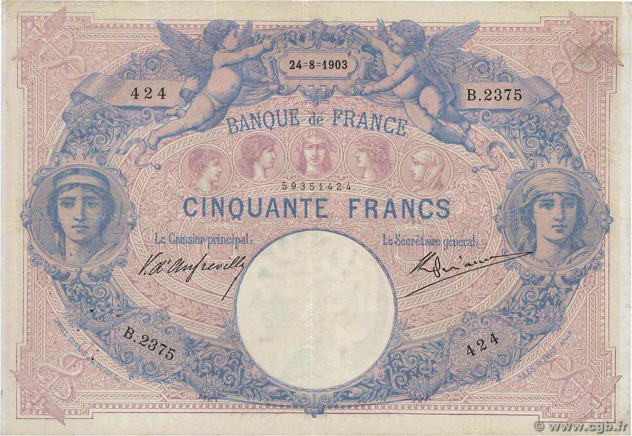 50 Francs BLEU ET ROSE FRANCE  1903 F.14.15 TTB