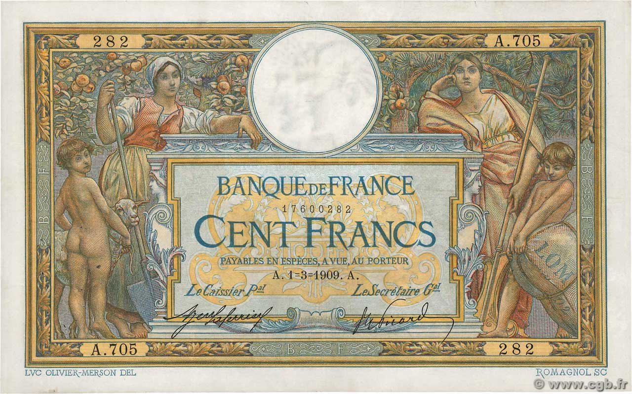 100 Francs LUC OLIVIER MERSON avec LOM FRANKREICH  1909 F.22.02 SS