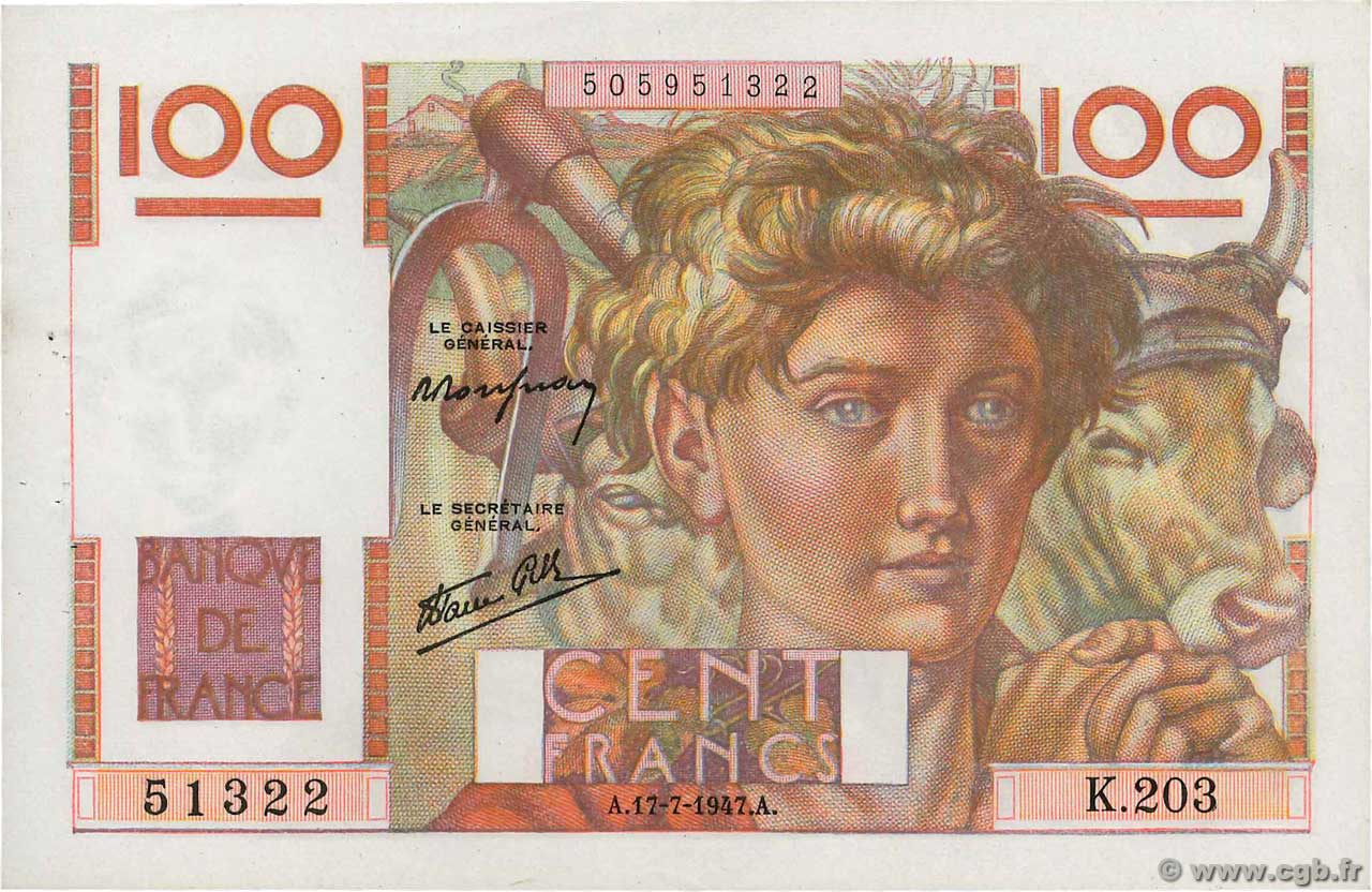 100 Francs JEUNE PAYSAN Favre-Gilly FRANKREICH  1947 F.28ter.01 VZ