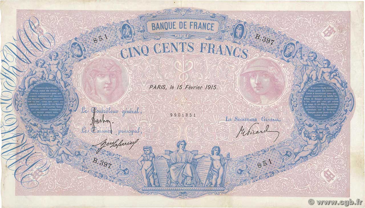 500 Francs BLEU ET ROSE FRANCE  1915 F.30.22 TTB