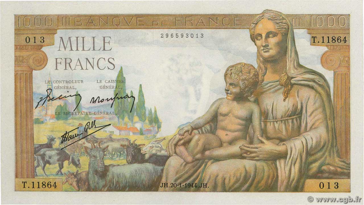 1000 Francs DÉESSE DÉMÉTER FRANCE  1944 F.40.43 pr.NEUF