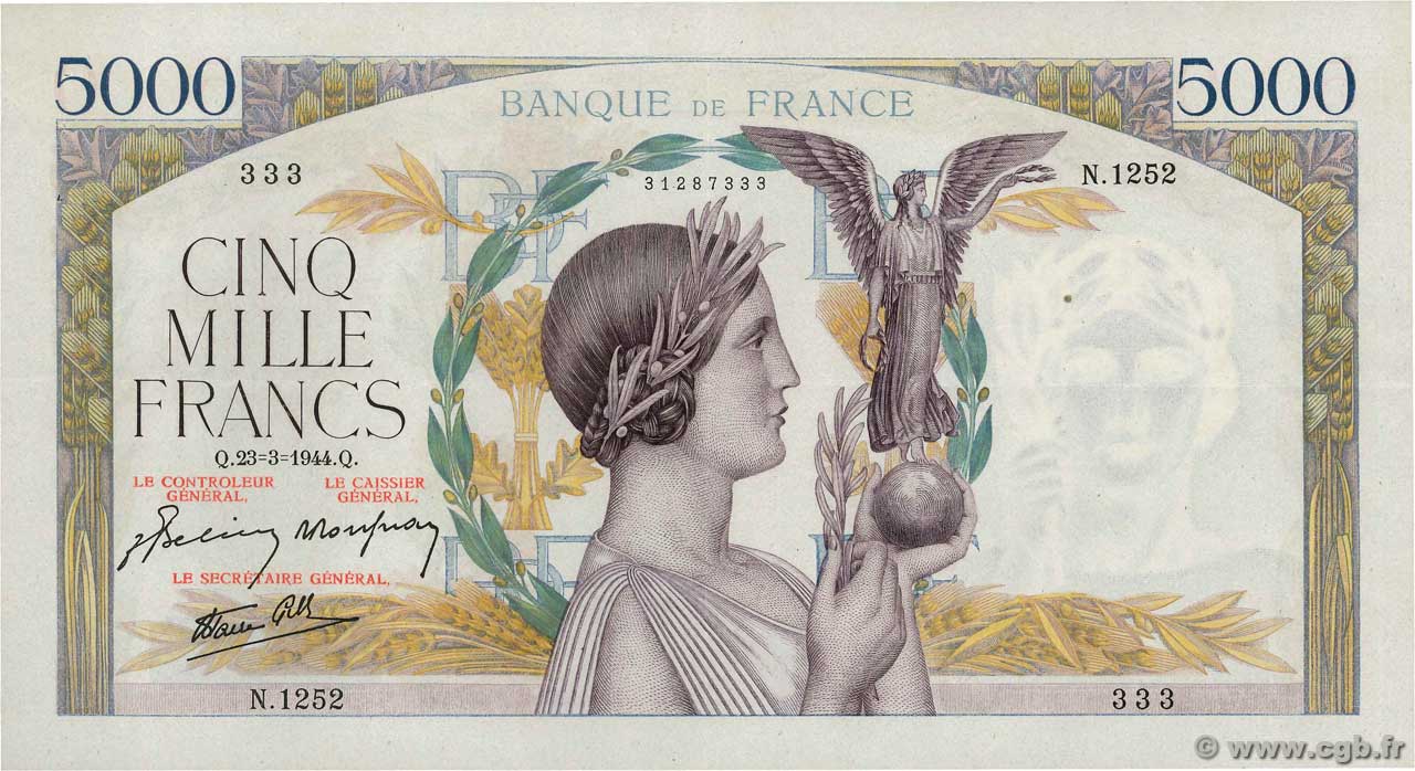 5000 Francs VICTOIRE Impression à plat FRANCIA  1944 F.46.50 SPL