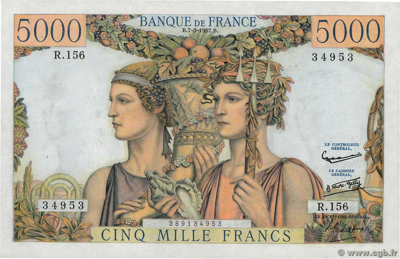 5000 Francs TERRE ET MER FRANCE  1957 F.48.13 XF+