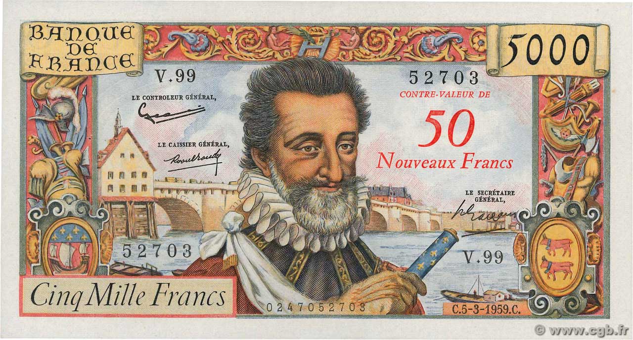 50 NF sur 5000 Francs HENRI IV FRANCIA  1959 F.54.02 EBC