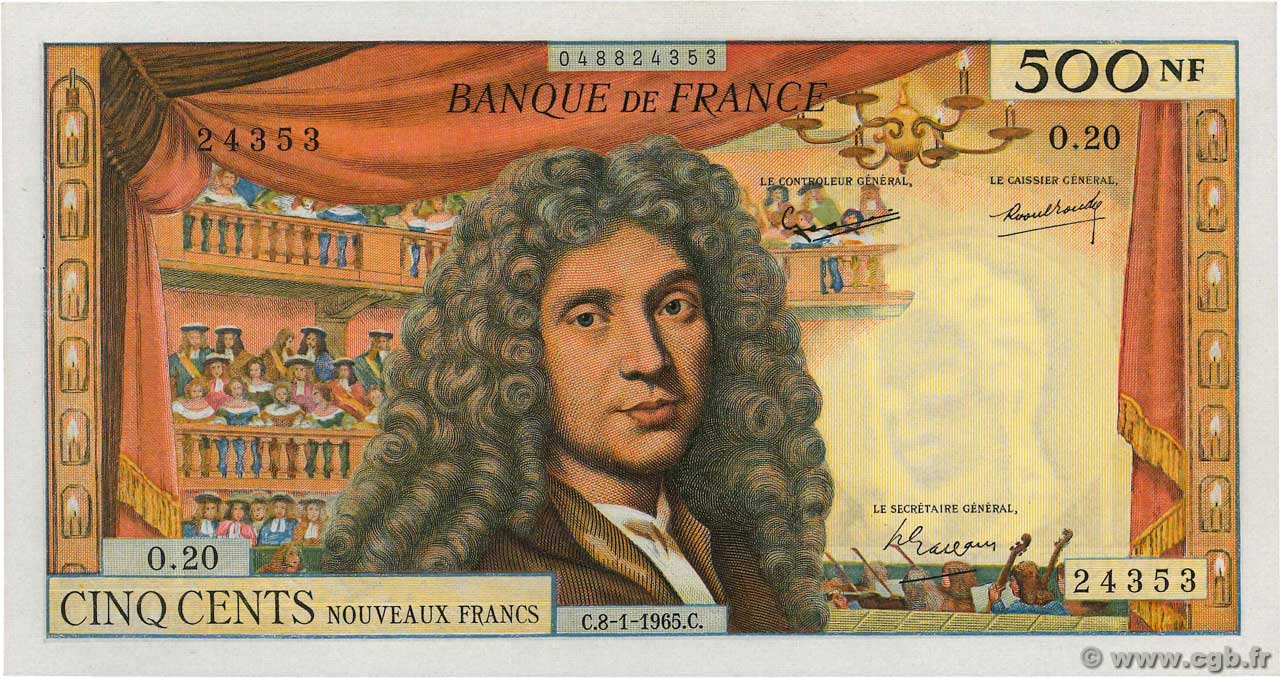 500 Nouveaux Francs MOLIÈRE FRANCE  1965 F.60.08 AU-