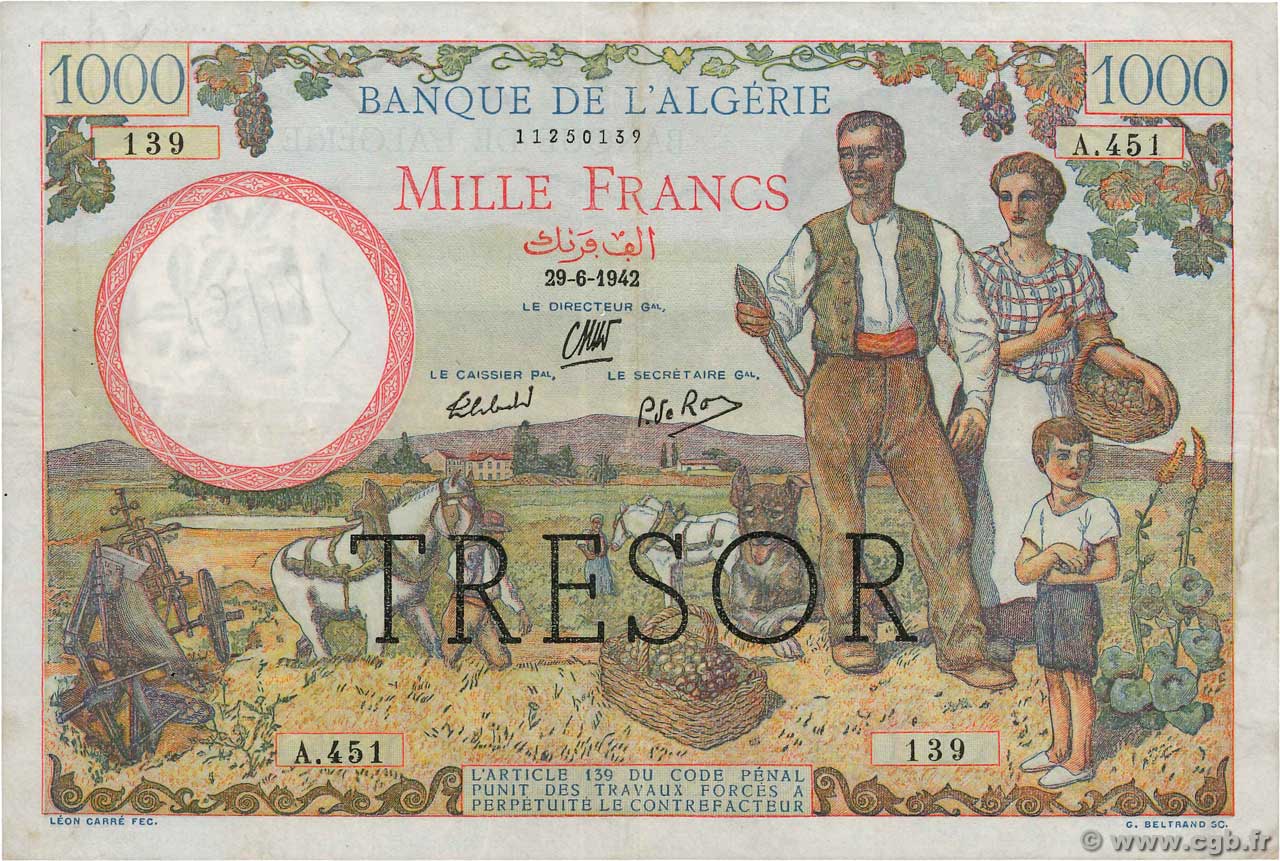 1000 Francs ALGÉRIE FRANCIA  1943 VF.10.01 MBC