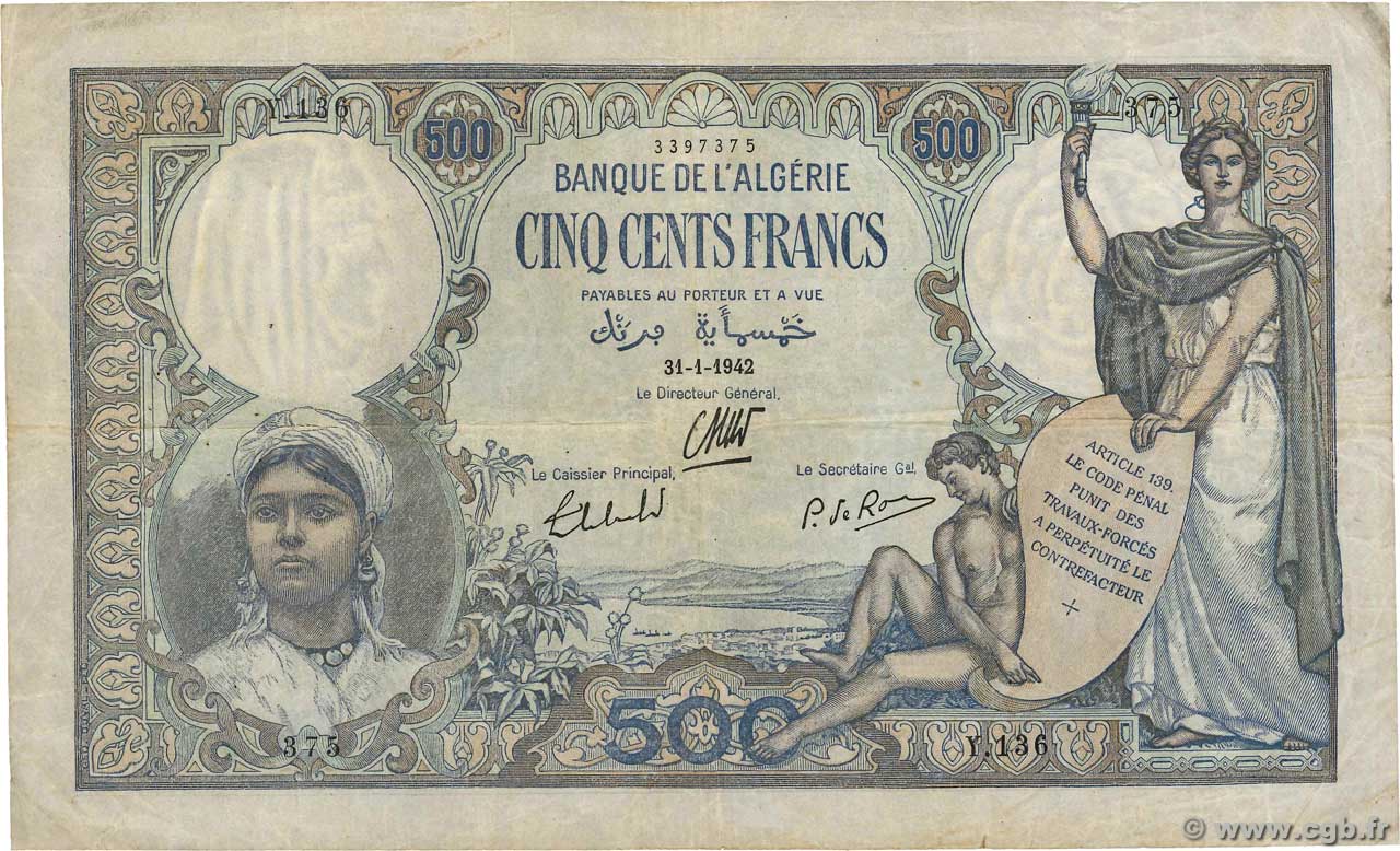500 Francs ALGÉRIE  1942 P.082 TB