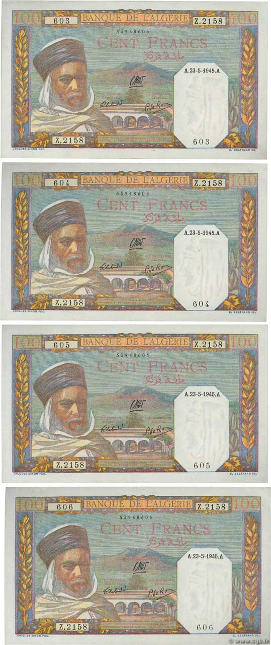 100 Francs Consécutifs ALGERIA  1945 P.085 XF+