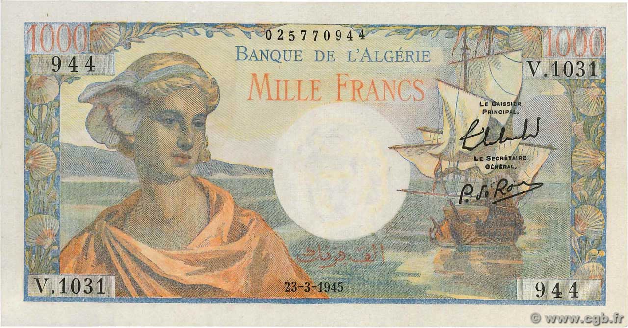 1000 Francs Argelia 1945 P 096 4250470 Billetes
