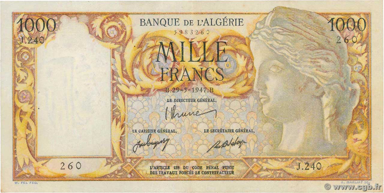 1000 Francs ALGÉRIE  1947 P.104 TTB+