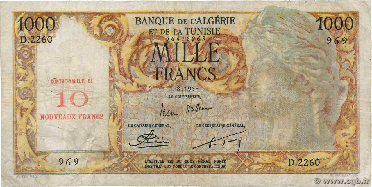 10 Nouveaux Francs sur 1000 Francs ALGERIA  1958 P.112 F-
