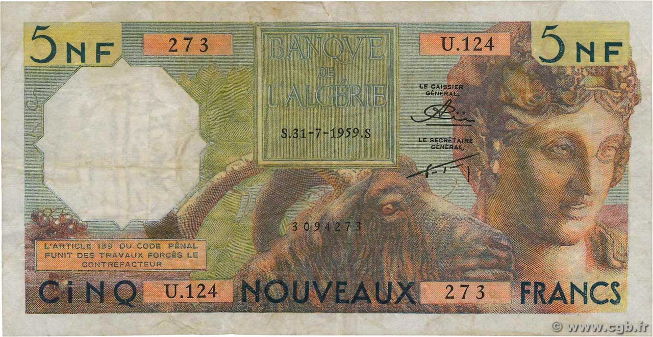 5 Nouveaux Francs ALGÉRIE  1959 P.118a pr.TTB