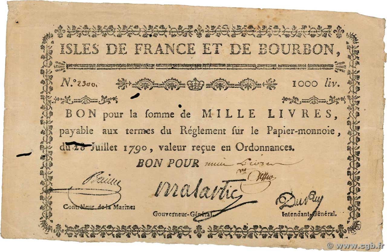 1000 Livres ISLES OF FRANCE AND BOURBON  1790 P.23 VF