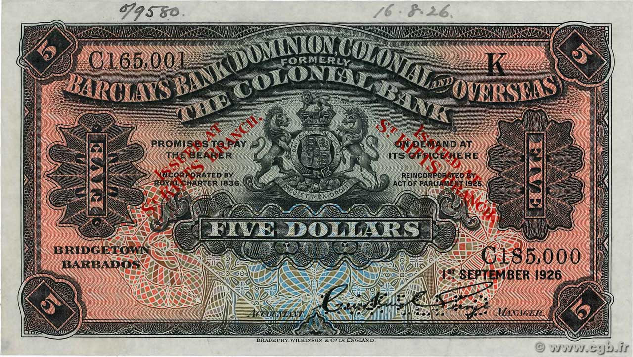 5 Dollars Annulé SAINT KITTS Bridgetown 1926 PS.104s q.FDC