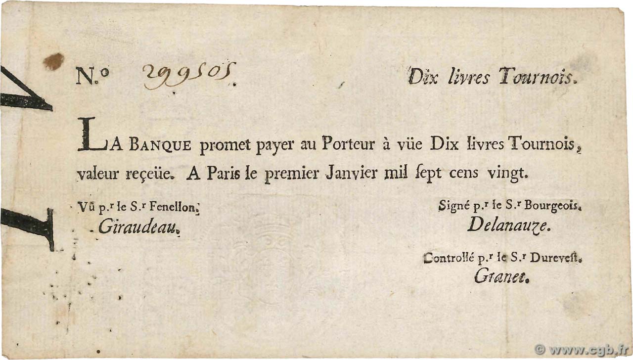 10 Livres Tournois typographié FRANCE  1720 Dor.20 pr.TTB
