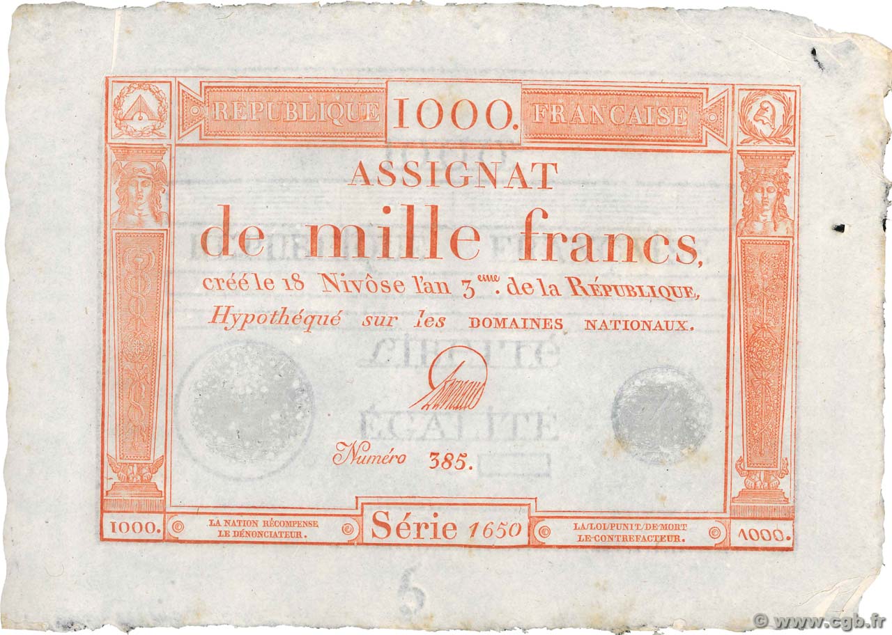 1000 Francs FRANCE  1795 Ass.50a SUP à SPL