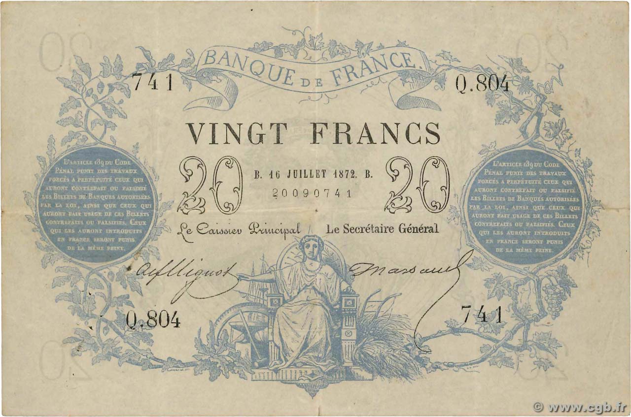 20 Francs type 1871 FRANCE  1872 F.A46.03 VF
