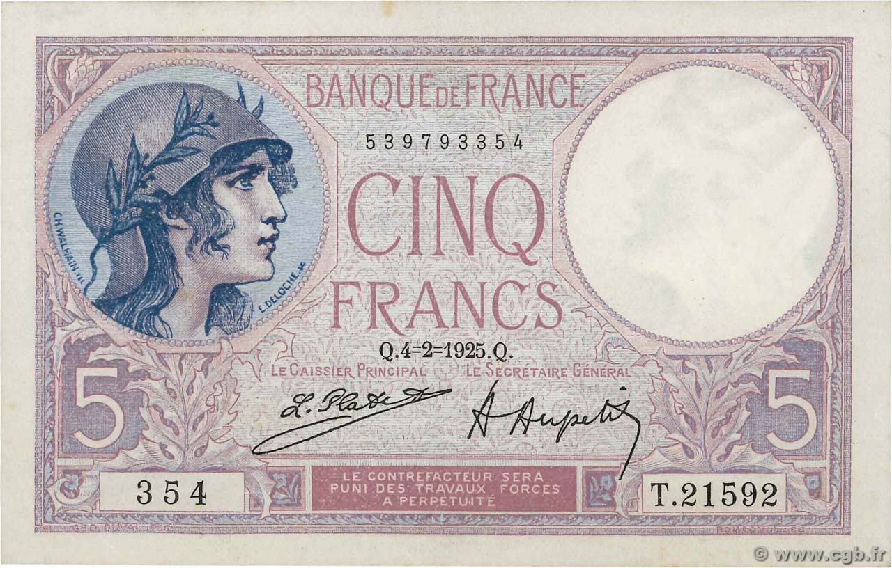 5 Francs FEMME CASQUÉE FRANCE  1925 F.03.09 pr.SPL