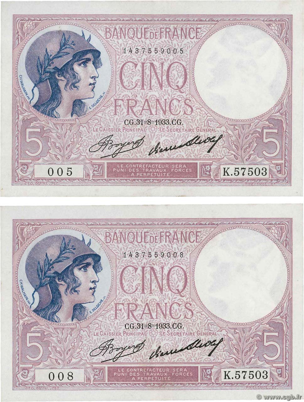 5 Francs FEMME CASQUÉE Lot FRANKREICH  1933 F.03.17 VZ